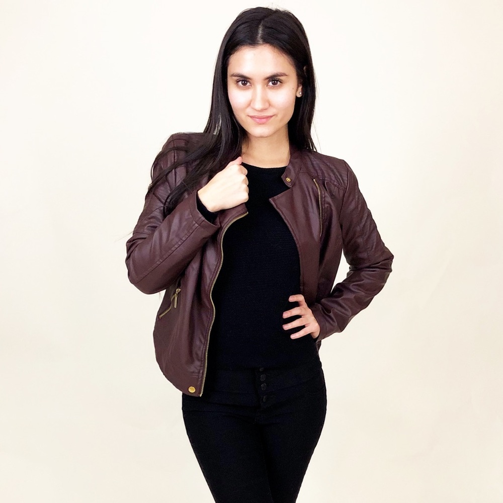 Classic Brown Faux Leather Moto Jacket - Women